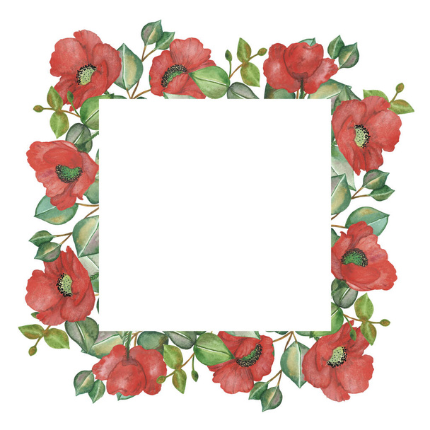 Watercolor hand painted nature floral squared border frame with red poppy flowers and green eucalyptus leaves bouquet on the white background for invitation and greeting card - Photo, image