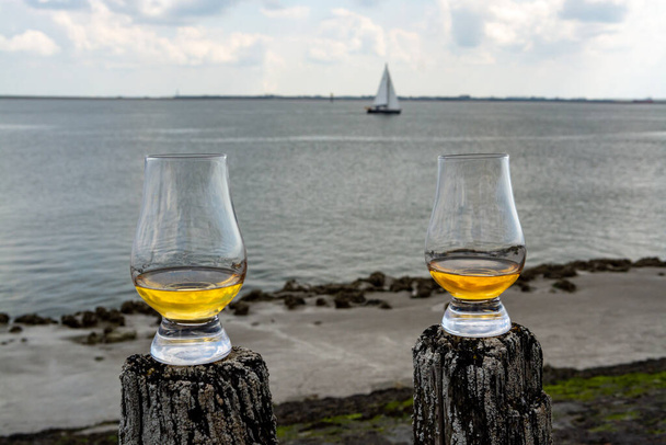 Tasting of dram single malt scotch whisky on seashore in Scotland, old wooden poles with whisky glass - Photo, Image