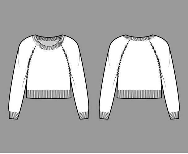 ラウンドネックセーターは、長いラグランスリーブ、腰の長さ、リブトリムフラットジャンパーと技術的なファッションイラストをトリミング - ベクター画像