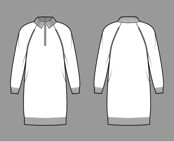 Öltöztetős Zip-up Pulóver technikai divat illusztráció bordás henley nyak, hosszú raglan hüvely, pihenni test, térd hossza - Vektor, kép