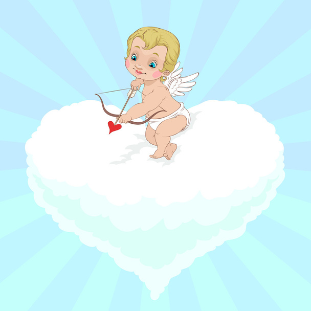 A San Valentino Cupido mira a sparare la freccia seduta sulla nuvola a forma di cuore - Vettoriali, immagini