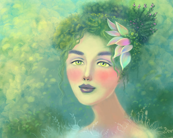 Portrait of a beautiful mythical woman in green shades. Green, Fairy, Woman - Summer, Woman - Spring, Woman Ecology. Woman with foliage on the head and foliage surrounded - Photo, Image