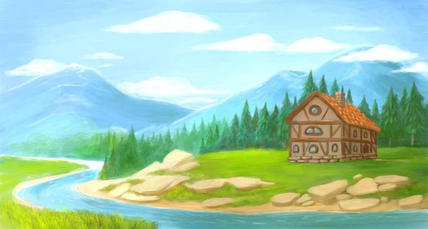 Рука намалювала сільський пейзаж. Гори, ліс, річка, пагорби і будинок на березі річки
. - Фото, зображення
