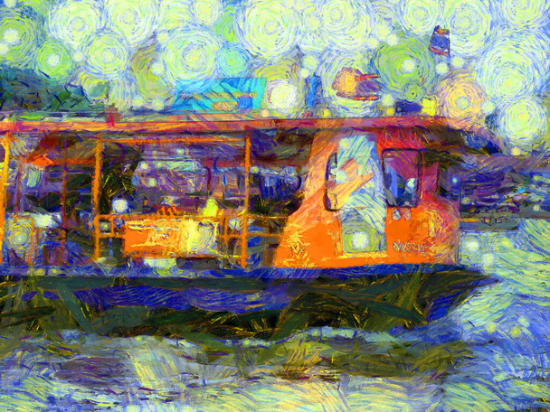 River Passenger Boat Illustrations cria um estilo impressionista de pintura. - Foto, Imagem