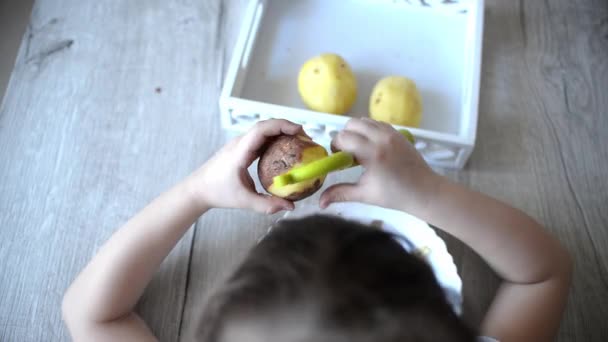 Τα χέρια των παιδιών ξεφλουδίζουν πατάτες με υλικά μοντεσσόρι για ένα μάθημα από την πρακτική ζώνη της ζωής. αποφλοιωτής, πατάτες, πιάτο, δίσκος. τρόπος ζωής στο σπίτι - Πλάνα, βίντεο