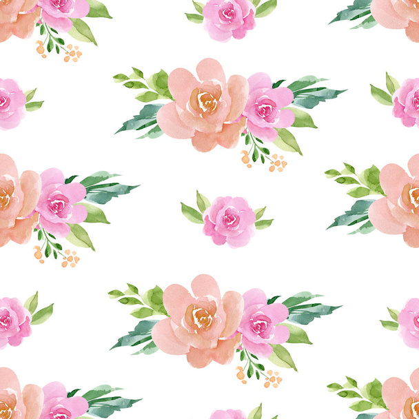 бесшовный цветочный узор с нежными венками и букетами из роз на белом фоне, акварельная иллюстрация ручной работы - Фото, изображение