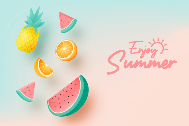 Frutas tropicales en lindo estilo de arte 3d y pastel esquema de color fondo vector ilustración - Vector, Imagen