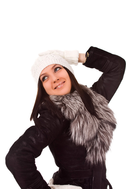 Photo of female with winter clothes on white isolated background - Photo, Image