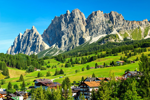 Green meadows and high mountains above Cortina D ampezzo,Italy - Photo, Image