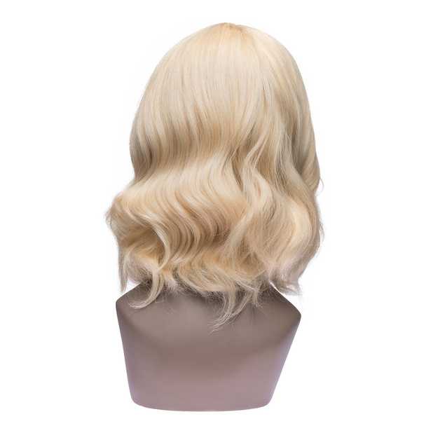 Человеческий парик для волос на манекене. Вид сзади. Блондинка. Прямые волосы - Фото, изображение
