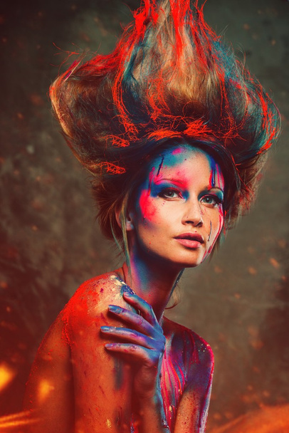 Young woman muse with creative body art and hairdo  - Photo, Image