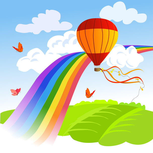 arco iris, paisaje y globo aerostático
 - Vector, Imagen