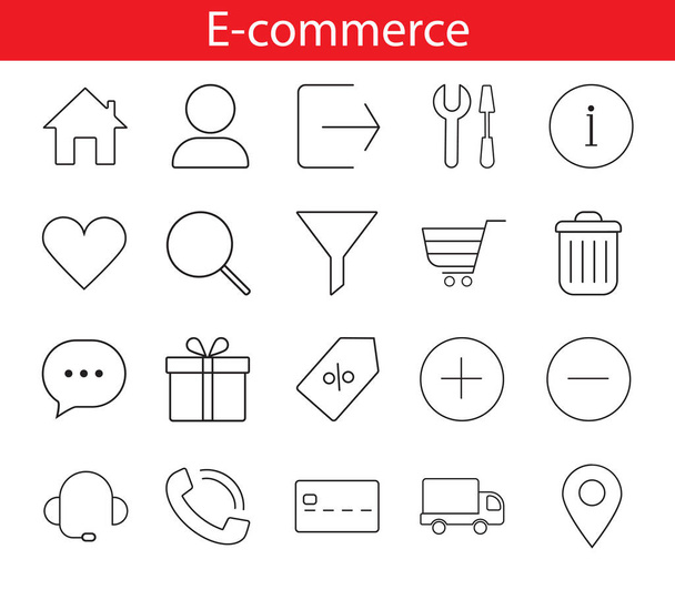 set van vector dunne lineaire e-commerce pictogrammen internet winkel winkelen online zwart op witte achtergrond - Vector, afbeelding