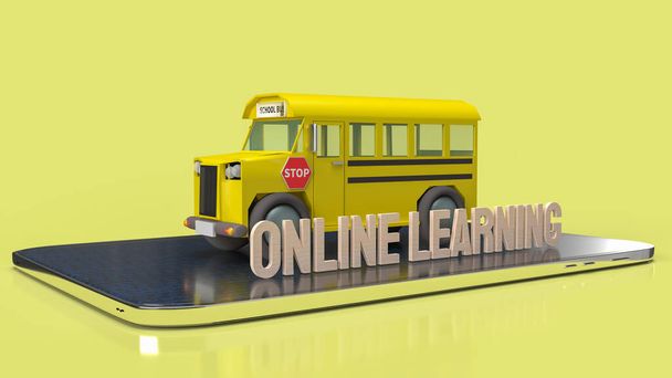 iskolabusz és táblagép online tanuláshoz vagy e-learning koncepcióhoz 3d renderelés. - Fotó, kép