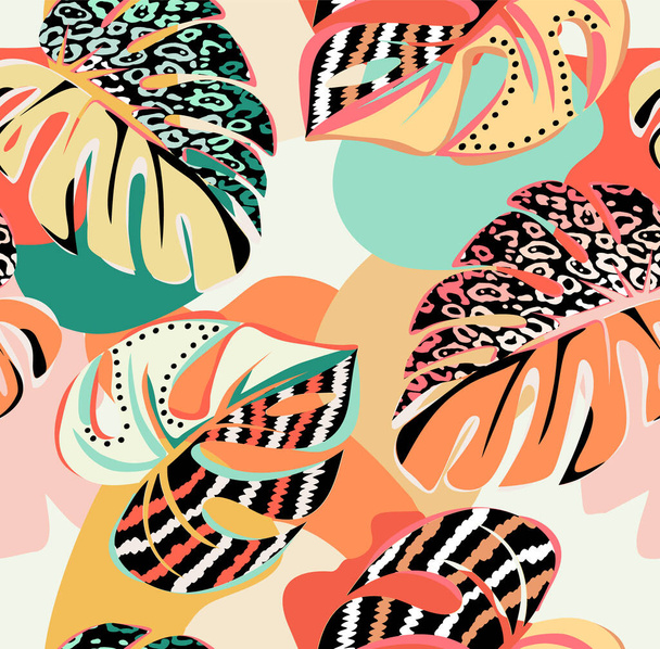 tropical pattern with multicolored hand drawn elements and funny background. Monstera pattern - Vector, Image