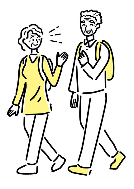 Активная старшая пара гуляет с рюкзаком - Вектор,изображение