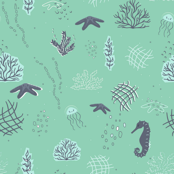 Cute jellyfish, starfish, seahorse, algae, corals, underwater bubbles seamless pattern. Collage, Cut paper effect in green, blue colors - Vektor, Bild