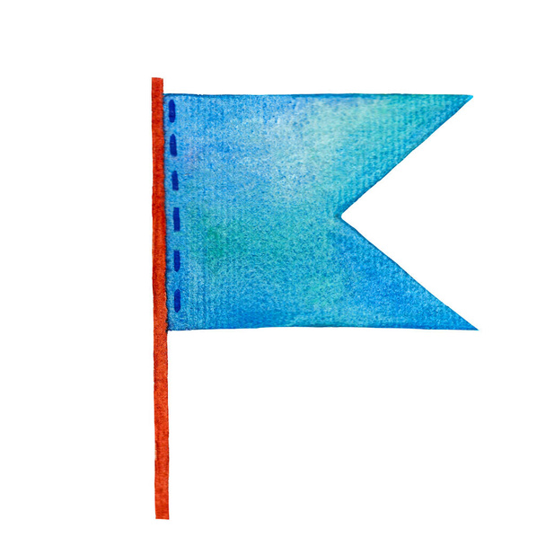 Drapeau aquarelle. Bannière bleue dessinée à la main avec un bâton. Illustration sur fond blanc. Bel élément pour la fête d'enfants, anniversaire - Photo, image