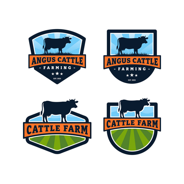 Ensemble de conception de modèle de logo de ferme bovine. Vecteur de badge angus noir vintage. - Vecteur, image