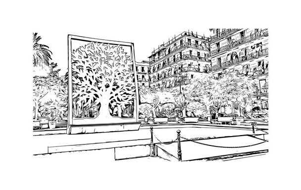 Print Building vista com marco de El Oued é a cidade na Argélia. Desenho desenhado à mão ilustração em vetor. - Vetor, Imagem