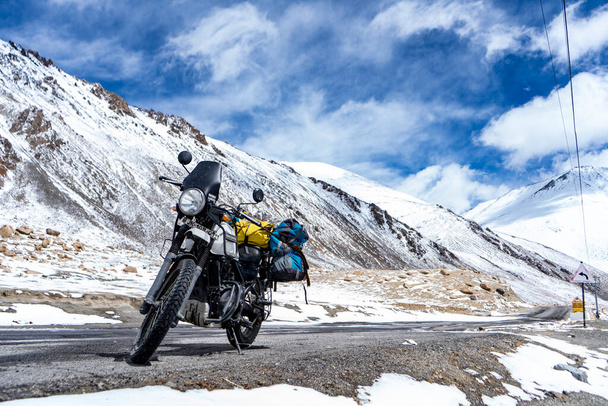 Ladakh, India - April 2 2020 - Adventure Himalayan Royal Enfield Bike on the roads of Ladakh. - Photo, Image