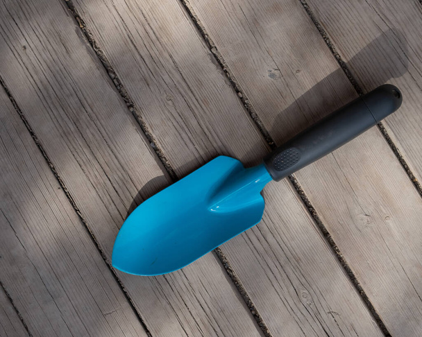 Small blue gardeners spatula on the wooden floor - Fotó, kép