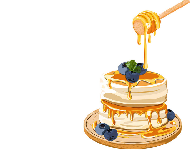 Geïsoleerde Fluffy pannenkoek met bosbessen topping en honing druppels van houten druppelaar op een houten plaat. Japanse pannenkoek. Close up realistische vector illustratie op witte achtergrond. - Vector, afbeelding