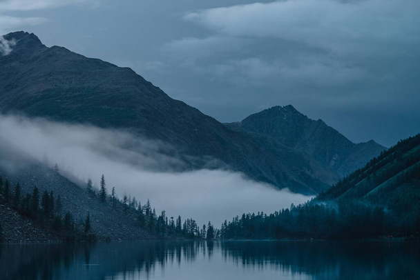 Low cloud above alpine lake. Silhouettes of trees reflected on mountain lake. Firs and pines above calm water in dense fog. Highland tranquil landscape at early morning. Ghostly atmospheric scenery. - Фото, зображення