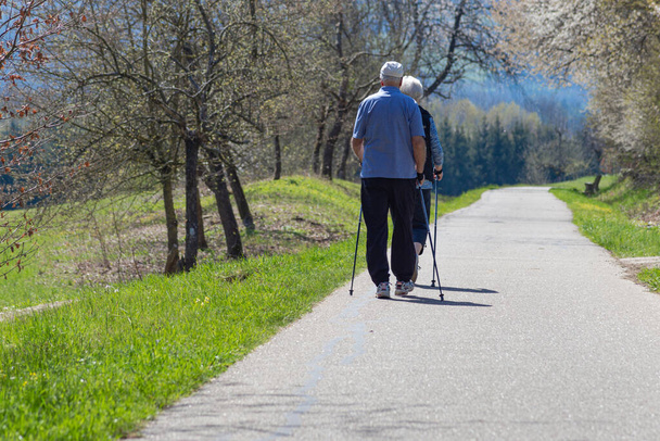 senior couple walking in spring on south german countryside with nordic walking sticks - Photo, Image