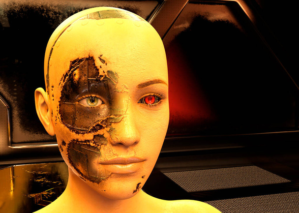 Donna cyborg in camera oscura futuristica - rendering 3d - Foto, immagini