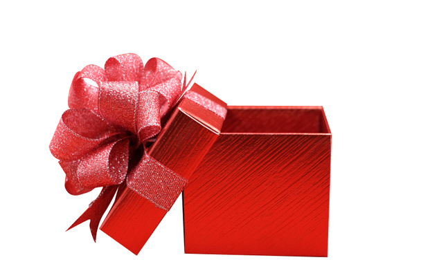 Köszönöm. Dekoratív piros ajándék doboz piros íj és piros szalag elszigetelt piros háttérrel. top view egy Horizontális gyönyörű nyitott ajándék doboz. Különleges nap. Különleges személy - Fotó, kép