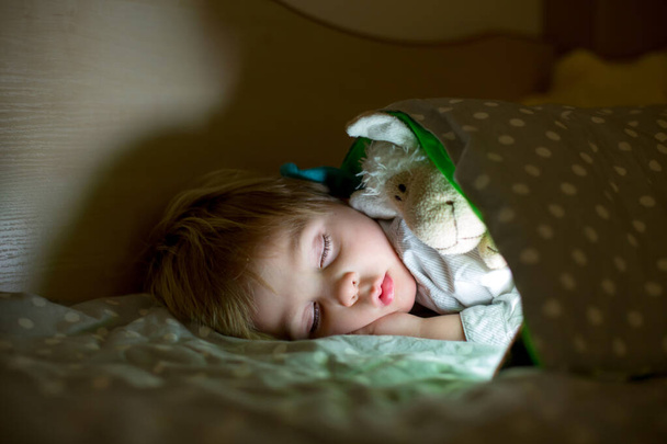 Toddler sleeping at home at night, hugging little toy, soft light - Foto, imagen