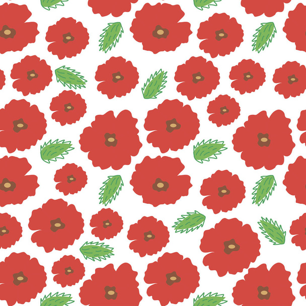 Seamless pattern with red poppies flowers and green buds. Vector illustration hand drawn. Botanical plant on white background. Wrapping, print or fabric texture - Vector, Image
