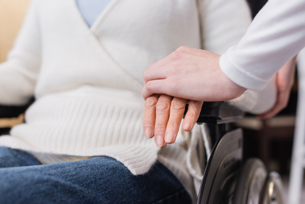 przycięty widok pracownika socjalnego dotykającego dłoni starszej niepełnosprawnej kobiety na wózku inwalidzkim - Zdjęcie, obraz
