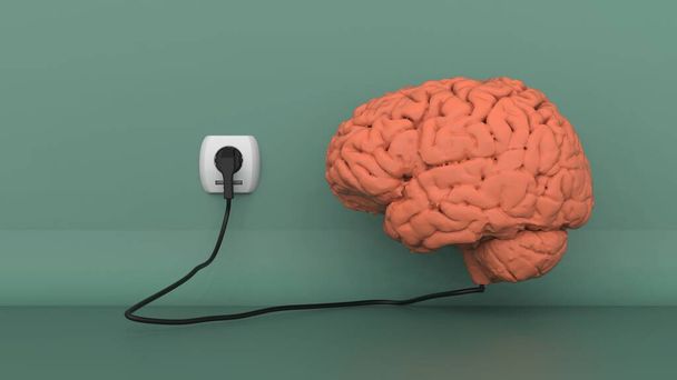 Carga do cérebro humano perto da parede azul pelo plugue com conector de cabo para a tomada 3d renderizar imagem - Foto, Imagem