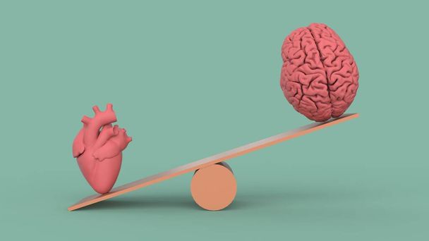 Le coeur humain rose et le concept de symboles de cerveau se tiennent sur la libra de tableau d'équilibre comme image de rendu 3d - Photo, image