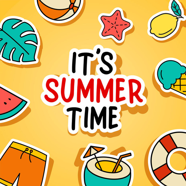 It's summer time background. Summer banner colorful tropical elements design. - Vector, Image