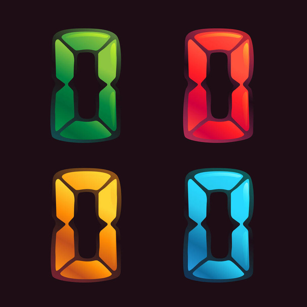 Логотип буквы O в стиле будильника. Цифровой шрифт в четырех цветовых схемах для футуристической фирменной идентичности, журнал "Ночная жизнь", выразительные плакаты. - Вектор,изображение