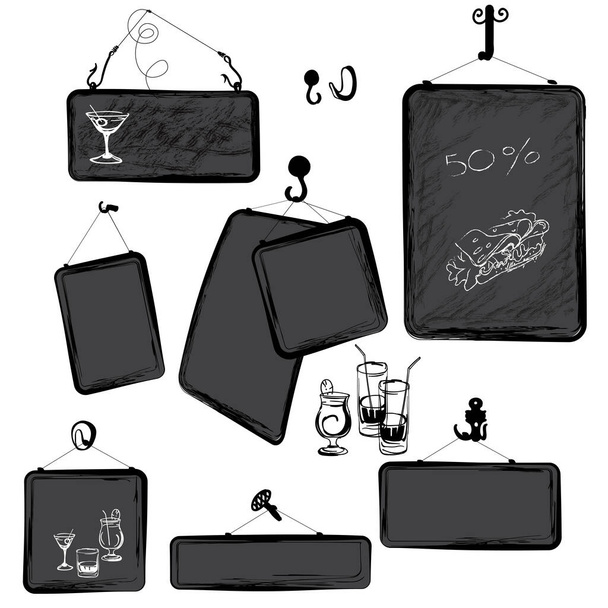 A set of gray chalk boards for writing with chalk.Suspended from the wall. Graphic drawing. Different hooks and nails. Cocktail glasses, glasses. Cafes, restaurants, parties, drinks. Write a menu. - Vector, Image