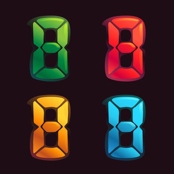 Number eight logo in alarm clock style. Digital font in four color schemes for futuristic company identity, nightlife magazine, expressive posters. - Vector, Image