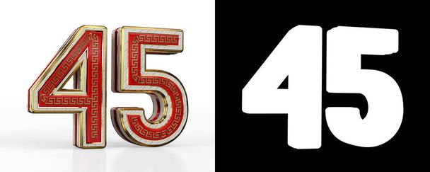Nummer vijfenveertig (nummer 45) met rode transparante streep op witte achtergrond, met alpha kanaal. 3D illustratie - Foto, afbeelding