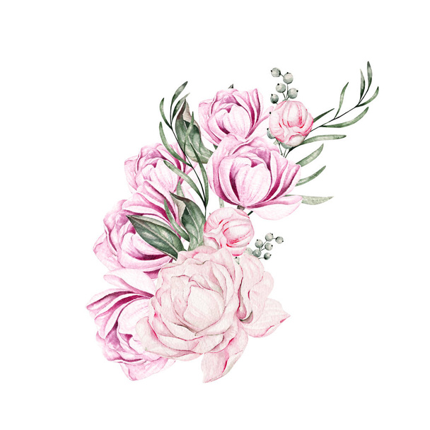 Card with peonies, can be used as greeting card, invitation card for wedding, birthday and other holiday and summer background. Watercolor illustration - Photo, Image