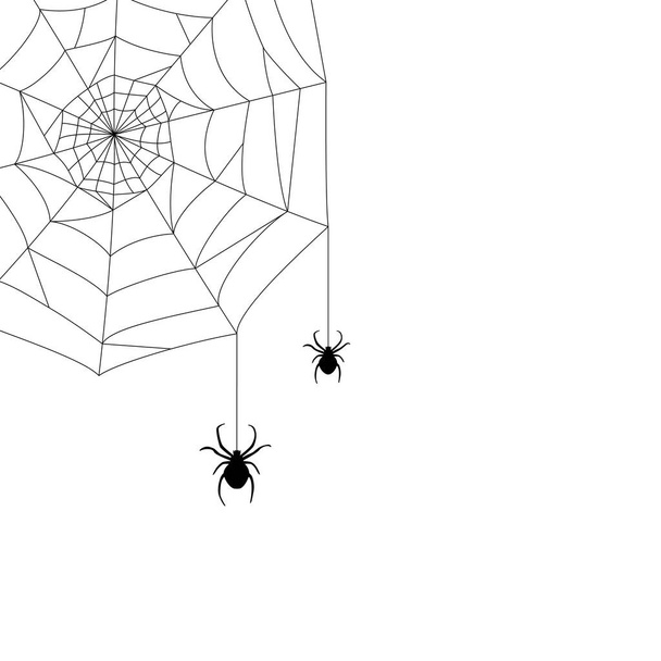 pavučiny v rohu a dva pavouci. přírodní tvar, ručně kreslený obraz. černý jednoduchý izolovaný objekt na bílém pozadí pro Halloween, pro party dekorace, karikatury strašidelné lineární prvky - Vektor, obrázek