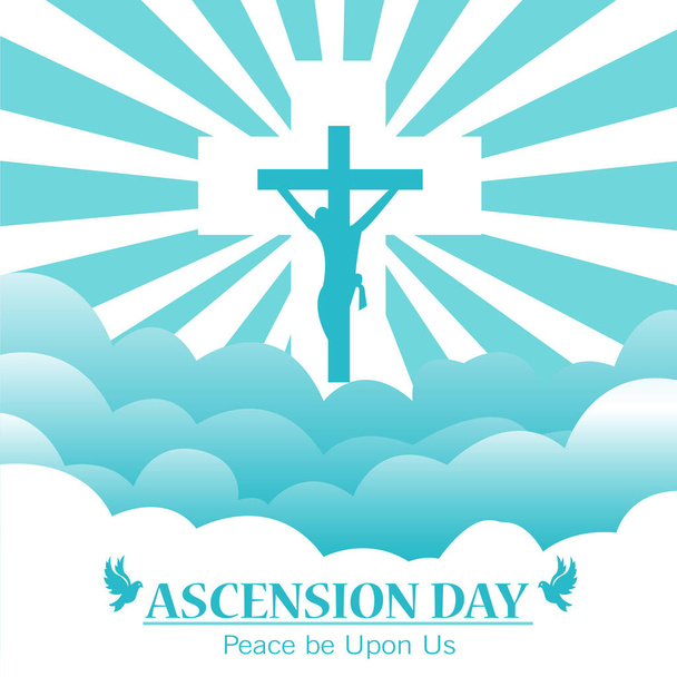 illustrazione del giorno dell'Ascensione felice di Gesù Cristo, con la croce e Gesù Cristo che sta ascendendo al cielo. Stile di progettazione vettoriale piatto. - Vettoriali, immagini
