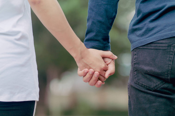Valentýnské páry kráčet ruku v ruce podél uličky vidět krásnou scenérii na ráno Valentýna a slíbit, že se postarají o sebe navždy. Myšlenka říct lásku na Valentýna - Fotografie, Obrázek