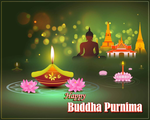 Ινδικό φεστιβάλ Βούδα Purnima με κείμενο, εικόνα δείχνει Βούδα καθίσματα και απορροφάται στο διαλογισμό - Διάνυσμα, εικόνα