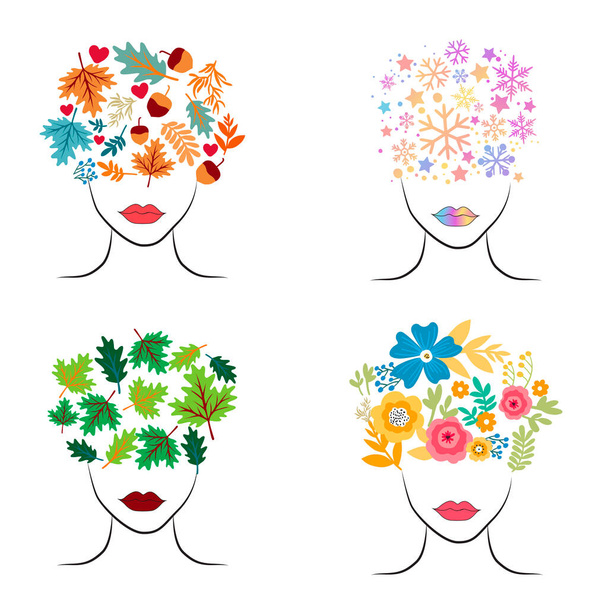 Σύνολο γυναικείας σιλουέτας προσώπου με floral art illustration - Διάνυσμα, εικόνα