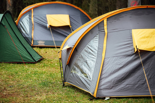 туристические палатки в лесу. группа путешественников разбила лагерь на природе. отдых за городом в дикой природе. пикник у костра с палатками - Фото, изображение
