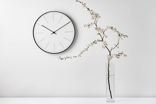 白い背景に壁時計や植物の枝とフロントビューデスク。ミニマルな装飾スタイル - 写真・画像