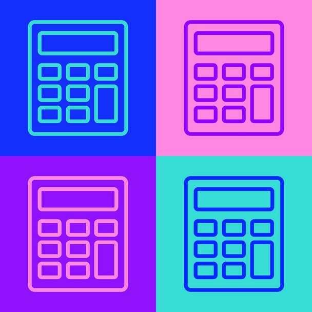 Pop art linea Calcolatrice icona isolata su sfondo a colori. Simbolo contabile. Calcoli aziendali educazione matematica e finanza. Vettore. - Vettoriali, immagini